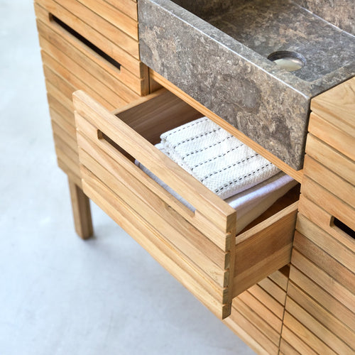 Tikamoon Massief teakhouten en marmeren badkamermeubel 125 cm - Naturel - vtwonen shop