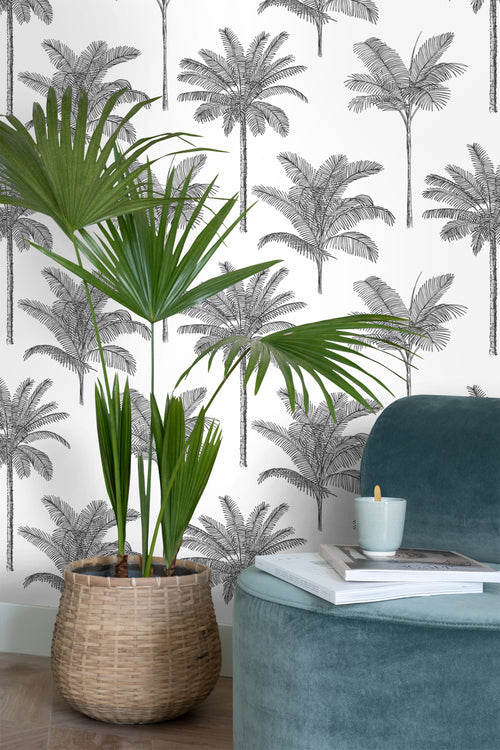 ESTAhome behang palmbomen zwart wit - 53 cm x 10.05 m - 139162