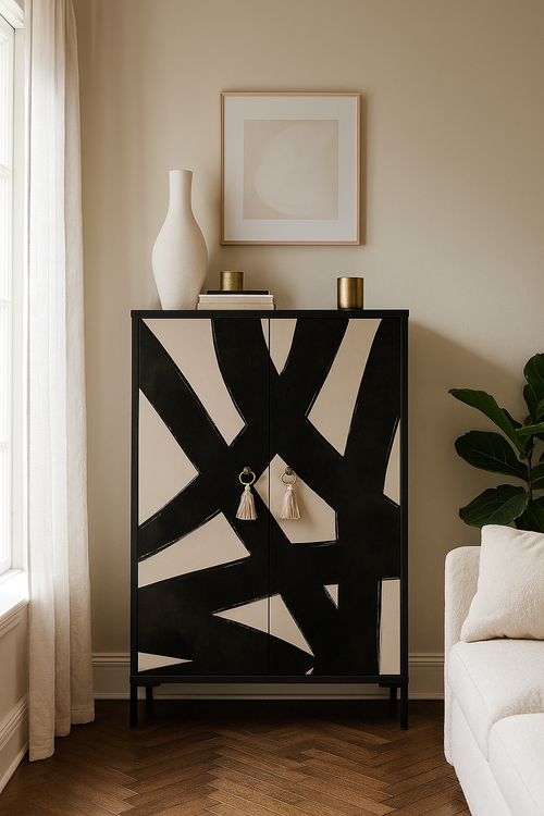 Dressoir van MDF met 2 decoratieve deuren, grafisch zwart-taupe motief