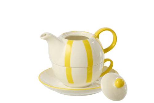 J-Line theepot Gestreept - keramiek - geel/wit