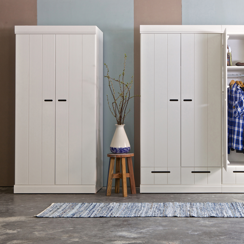 WOOOD kledingkast 2-deurs met lade Connect - Grenen - Wit - 195x94x53