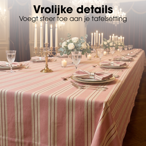 Mica Decorations Evie Gestreept Tafelkleed voor Eettafel - Tafellaken voor Binnen en Buiten 250 x 140 cm - Tafelzeil 100% Organisch Katoen - Roze
