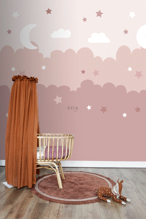 ESTAhome fotobehang wolken en sterren roze - 200 x 279 cm - 159250 - vtwonen shop