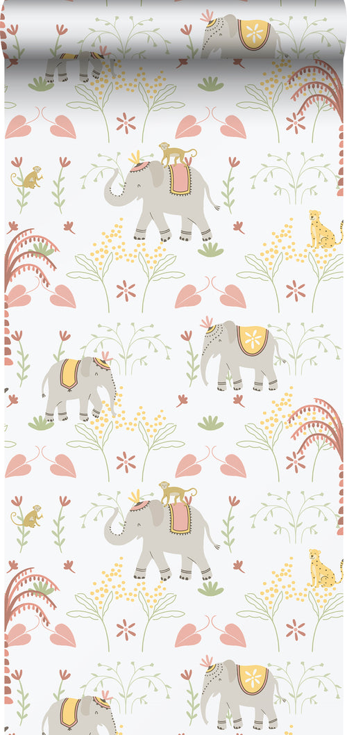 Sanders & Sanders behang olifanten grijs, rood en wit - 53 cm x 10.05 m - 640629