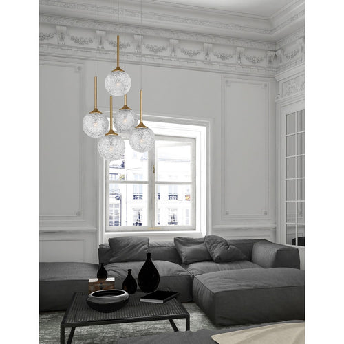 Merano Concord 5 lichts cluster hangende plafondlamp helder gestructureerd glas, geborsteld goud staal LED G9 IP20