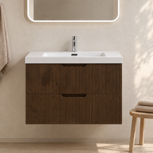 Badplaats Badkamermeubel Set Thermis 80 cm – Walnoot Bruin – Badmeubel met Wastafel