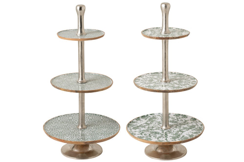 J-Line plateau 3 Niveaus - hout - groen/wit - set van 2