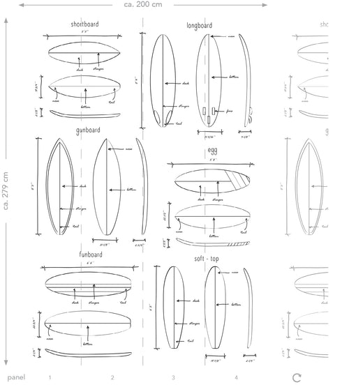 ESTAhome fotobehang technische tekeningen van surfplanken zwart en wit - 200 x 279 cm - 158848 - vtwonen shop