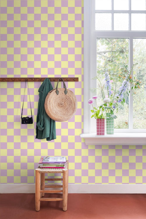 ESTAhome behang geblokt motief lila paars en geel - 53 cm x 10.05 m - 131134