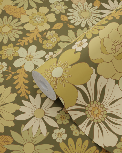 ESTAhome behang retro bloemen olijfgroen - 50 x 900 cm - 130967 - vtwonen shop