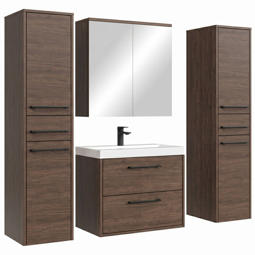 Badplaats Badkamermeubel Set Florence 60 cm XL – Walnoot Bruin – Hangend Badmeubel met Wastafel, Spiegelkast en Zijkasten
