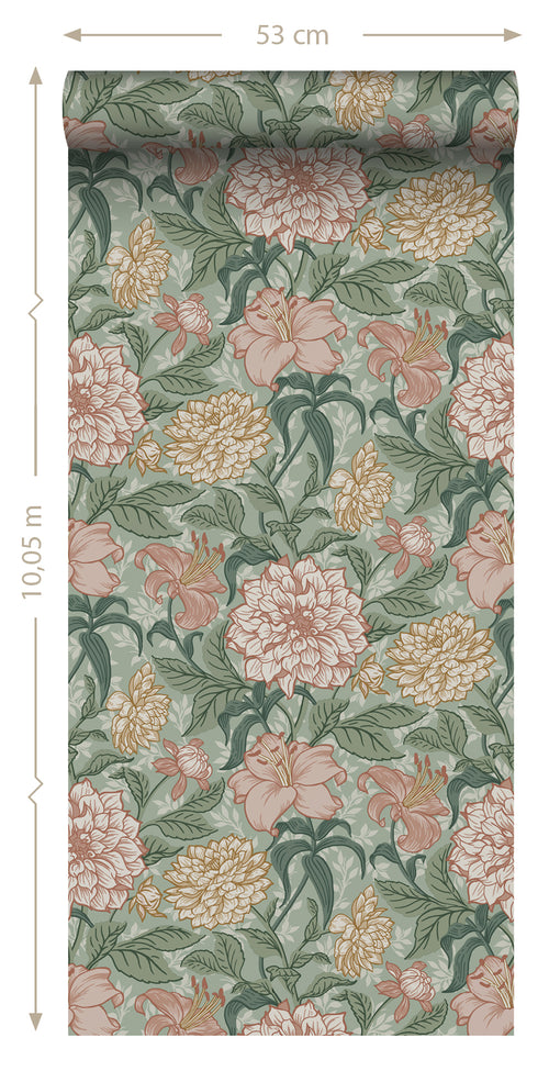 ESTAhome behang vintage bloemen groen en oudroze - 53 cm x 10.05 m - 139378