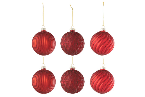 J-Line kerstbal Geribbeld & Geruit  - glas - rood - small - doos van 6 stuks - kerstversiering - vtwonen shop