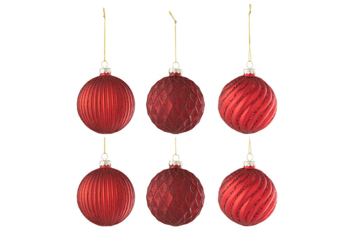 J-Line kerstbal Geribbeld & Geruit  - glas - rood - small - doos van 6