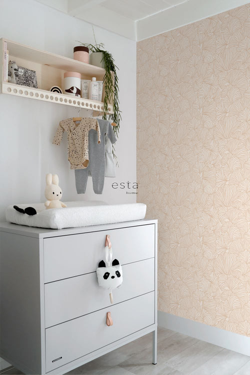 ESTAhome behang ginkgo bladeren zand beige en licht terracotta - 53 cm x 10.05 m - 139488