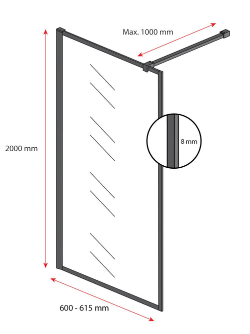 Badplaats Douchewand Georgia 60 x 200 cm – Zwart – Inloopdouche 8 mm Veiligheidsglas