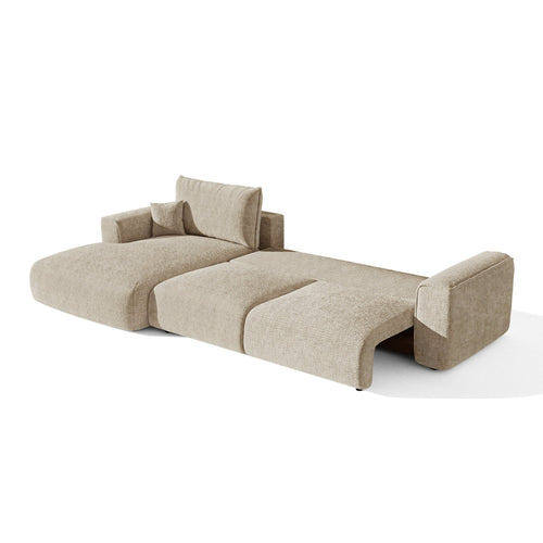 Premium Interiors - Linkshoekbank met slaapfunctie en opbergruimte COMO - zacht aanvoelende geweven stof beige 297cm