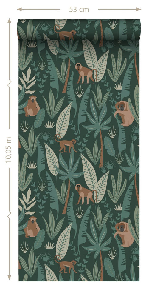 ESTAhome behang jungle apen donkergroen - 53 cm x 10.05 m - 139234
