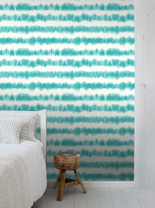 ESTAhome behang horizontale tie-dye shibori strepen turquoise 53 cm x 10.05 m 148687
