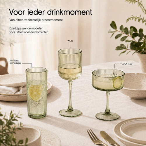 Mica Decorations Grigio Wijnglas Groen - Wijnglas met Subtiele Ribbelstructuur - Glazen Wijnglas voor Wijn, Water en Feestelijke Drankjes - Rond Model