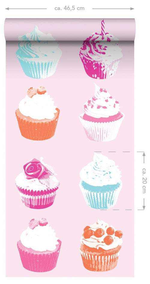 ESTAhome XXL behang cupcakes roze, blauw, wit en oranje - 50 x 900 cm - 158715