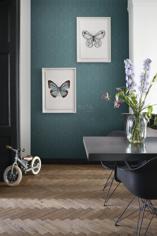 ESTAhome behang art deco motief goud, groen en blauw - 53 cm x 10.05 m - 139224
