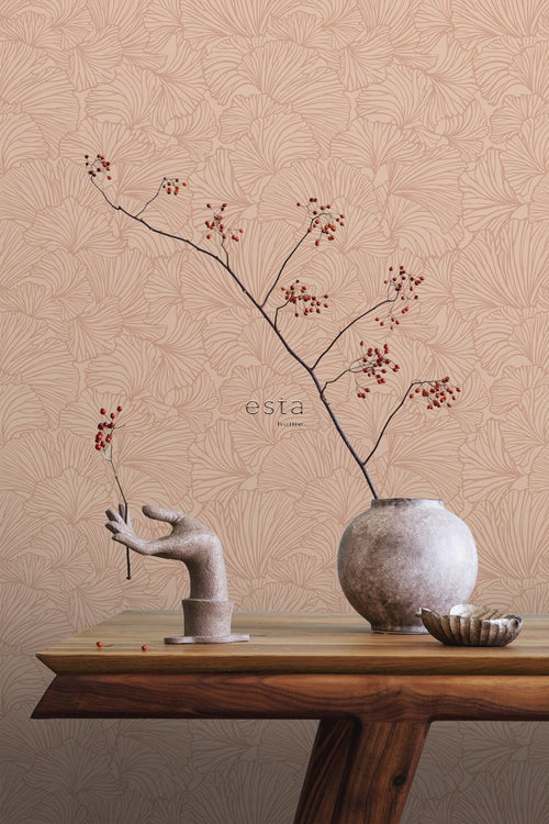 ESTAhome behang ginkgo bladeren licht terracotta - 53 cm x 10.05 m - 139490