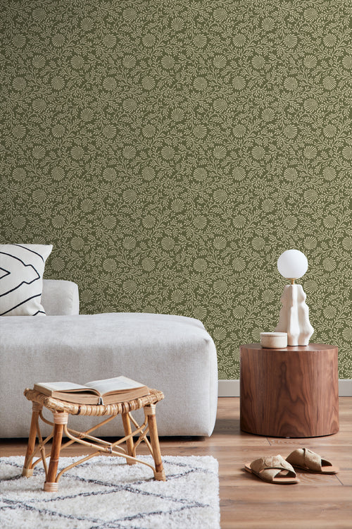 ESTAhome behang vintage bloemen olijfgroen - 50 x 900 cm - 131514 - vtwonen shop