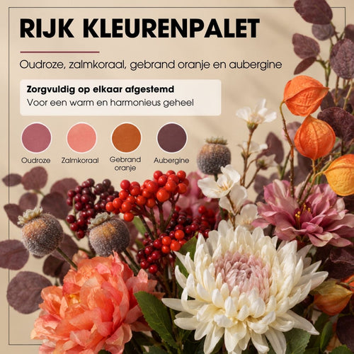 Mica Decorations Fedde Boeket Roze met 18 Stelen - Kunstboeket met Bloemen, Bladeren en Takken - Kunstbloemen Roze, Crème en Oranje - Polyester Boeket