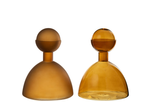 J-Line vaas Fles + Dop Rond - glas - bruin - 2 stuks - Ø 15 cm