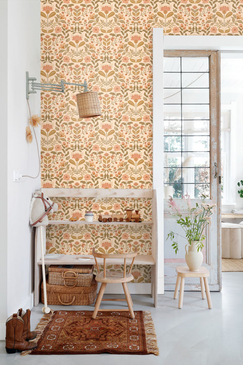 ESTAhome behang vintage bloemen warm beige en groen - 50 x 900 cm - 131897