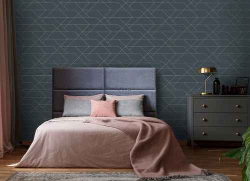 ESTAhome behang grafische lijnen donkerblauw en goud - 53 cm x 10.05 m - 139213