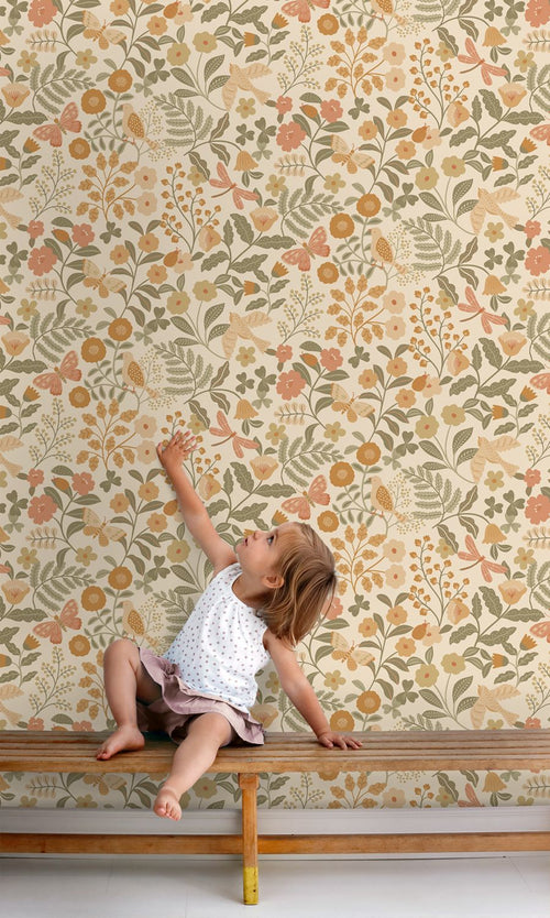 ESTAhome behang bloemen en vogels oranje en vergrijsd groen - 53 cm x 10.05 m - 131393