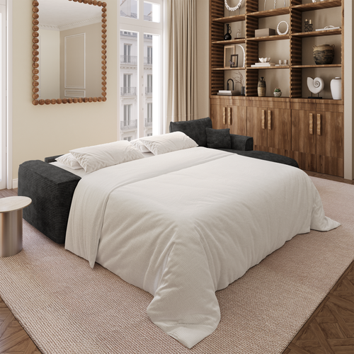 Premium Interiors - Rechthoekige hoekbank met snelle slaapfunctie COMO - corduroy zwart 300cm