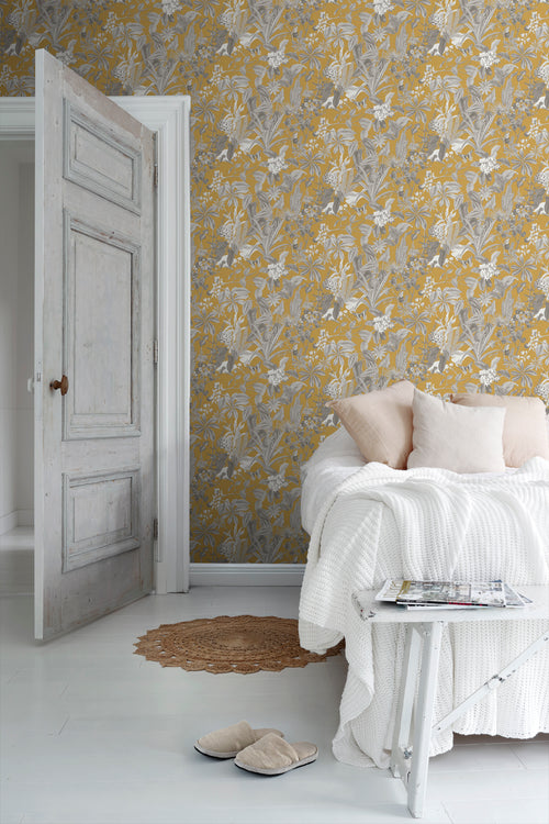 Sanders & Sanders behang tropische bladeren en bloemen okergeel en grijs - 53 cm x 10 m - 640242 - vtwonen shop