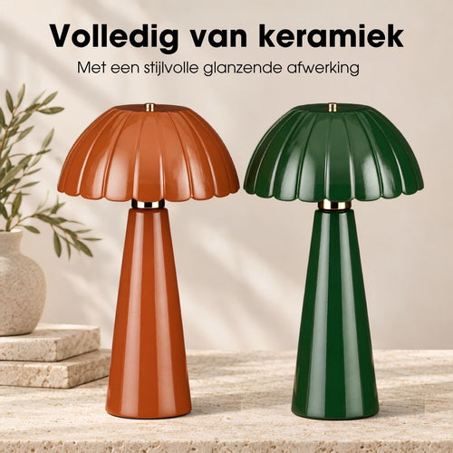 Mica Decorations Naomi Tafellamp - Ronde Tafellamp Donkergroen Keramiek met Geplooide Lampenkap - Geschikt voor E27 Lichtbron tot 60W - Afmeting H40,5