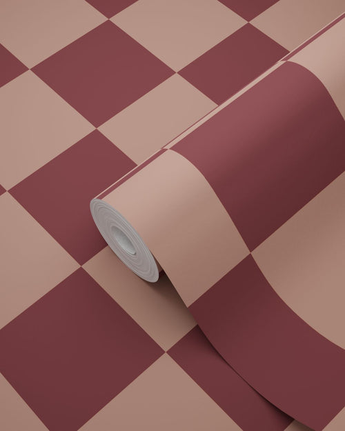 ESTAhome behang geblokt motief donker paars en terracotta roze - 50 x 900 cm - 131927