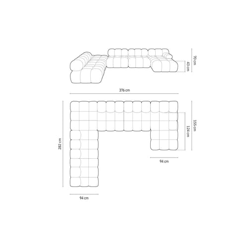 Cosmopolitan Design - Modulaire panoramische hoekbank links Cortina 7-zits, flueel flessengroen - 282x376x70cm