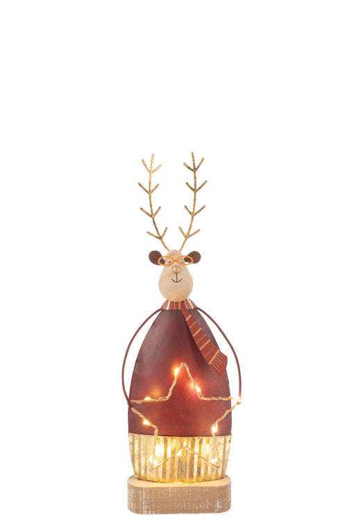 J-Line figuur Rendier + Sjaal/Bril - metaal - roest/goud - small - LED lichtjes