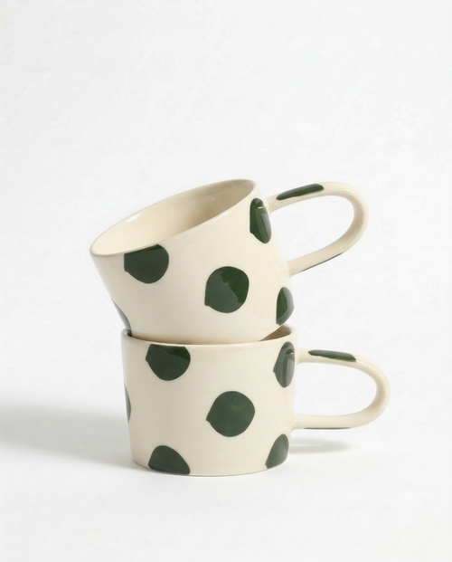 vtwonen - Mokken - Groen - Stippen - Set van 2 - Keramiek - 350ml