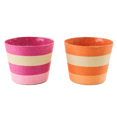J-Line bloempot Gestreept - papier - roze/oranje - extra large - set van 2