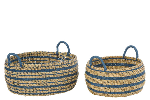 J-Line mand Gestreept - ijzer/papier - blauw/naturel - set van 2