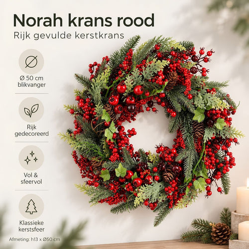Mica Decorations Norah Kerstkrans met Dennenappels - Kerstversiering met Traditionele Look - Deurkrans voor in de Hal of bij de Voordeur - H13 x Ø50