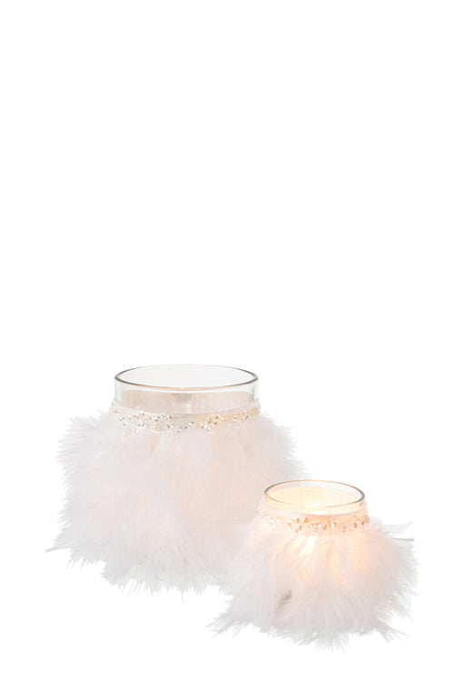 J-Line theelichthouder Veren  - glas - wit/transparant - large