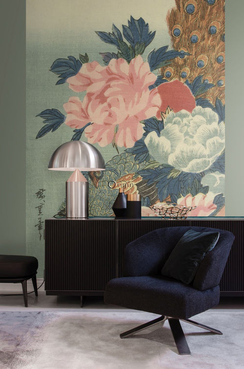 Origin Wallcoverings fotobehang pauw en pioenrozen oudroze, groen en blauw - 200 x 300 cm - 357233 - vtwonen shop