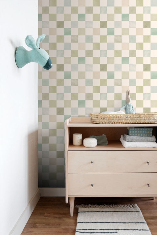 ESTAhome behang geblokt motief beige, blauw en groen - 50 x 900 cm - 131718
