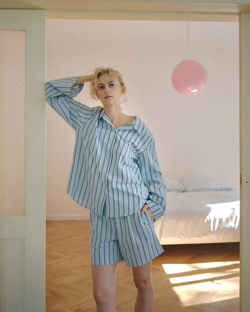 noo.ma Tala pyjamashirt dames - 100% biologisch katoen, gestreept, Baby Blue, M/L