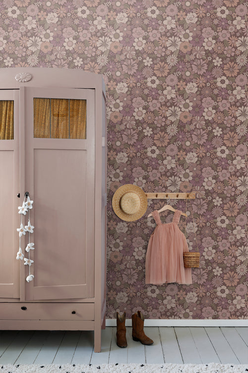 ESTAhome behang retro bloemen oudroze en aubergine paars - 53 cm x 10.05 m - 131135 - vtwonen shop