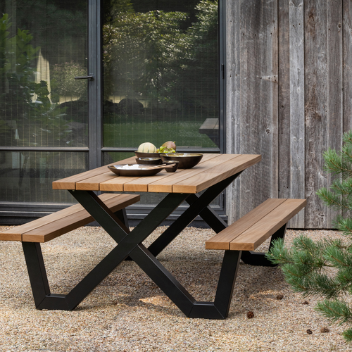 WOOOD picknicktafel met x-poot buiten Tablo - Ayous/Metaal - Naturel - 75x206x145