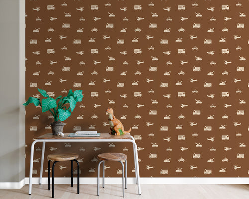 ESTAhome behang auto's, brandweerauto's, helikopters en kranen bruin - 50 x 900 cm - 131453 - vtwonen shop